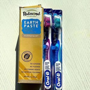 2 Sealed Oral B Toothbrushes & 1 New  REDMOND Natural Non-Fluoride Toothpaste